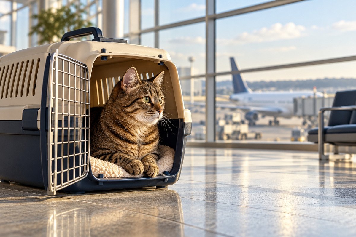Tabby cat beside a travel carrier