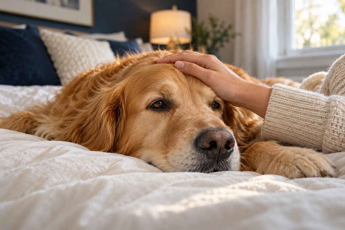 Owner reassuring a relaxed golden retriever
