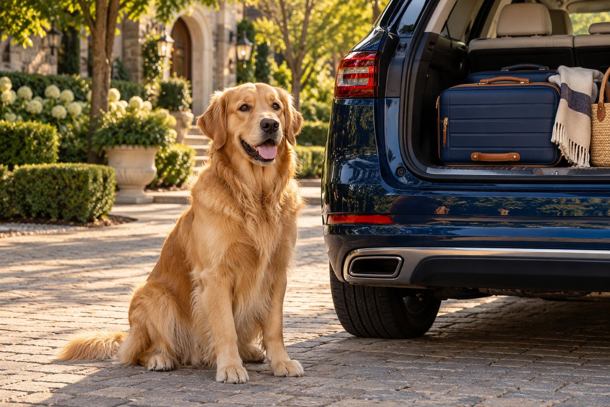 Calm dog with travel luggage