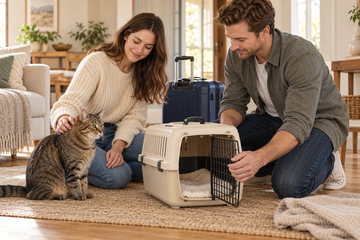 Couple preparing their cat’s carrier at home