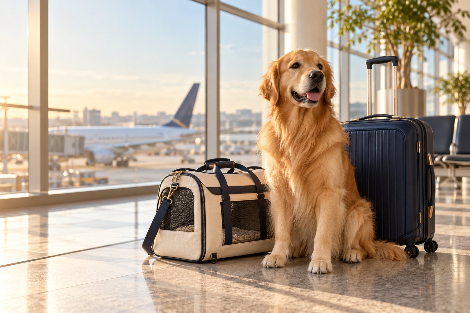 Golden retriever beside a cream carrier and navy luggage in a sunlit airport